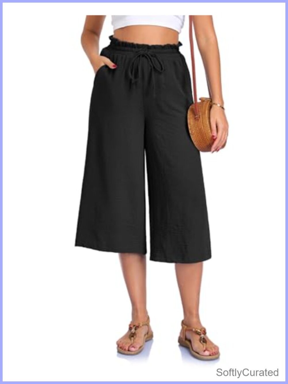 Womens Wide Leg Capri Pants High Waist Drawstring Palazzo Summer Beach
